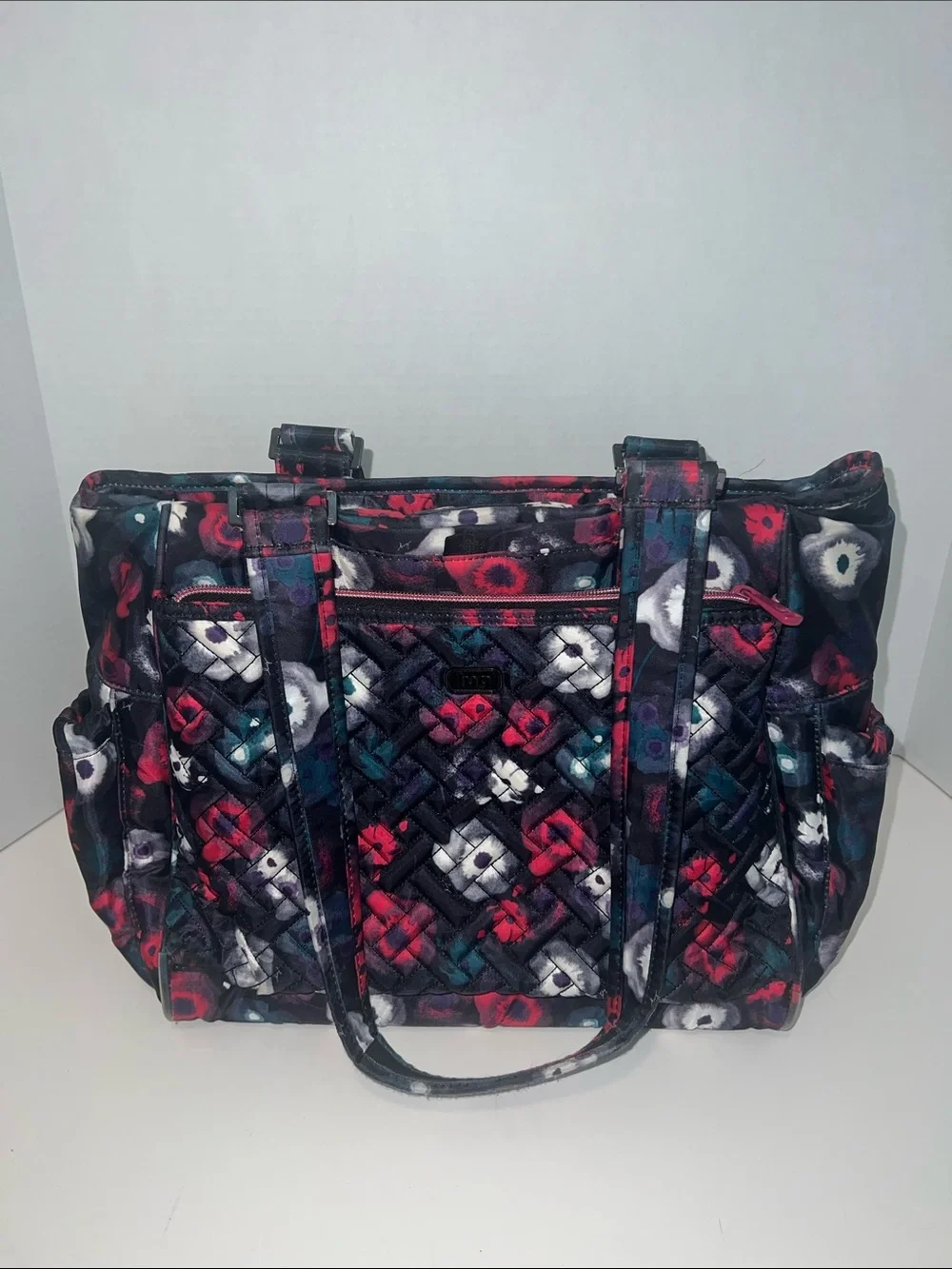 Lug Quilted Watercolor Floral Pattern Tote in Black, Pink, white and some blue - Picture 1 of 8